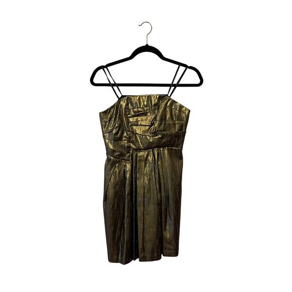 BCBG Generation 4 mini dress formal prom metallic pleated pockets gold party - Picture 1 of 8
